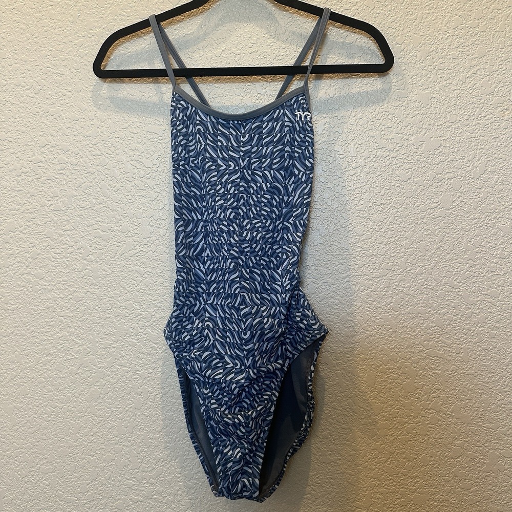 TYR Women's Durafast Elite Trinityfit Swimsuit size 32 blue patterned